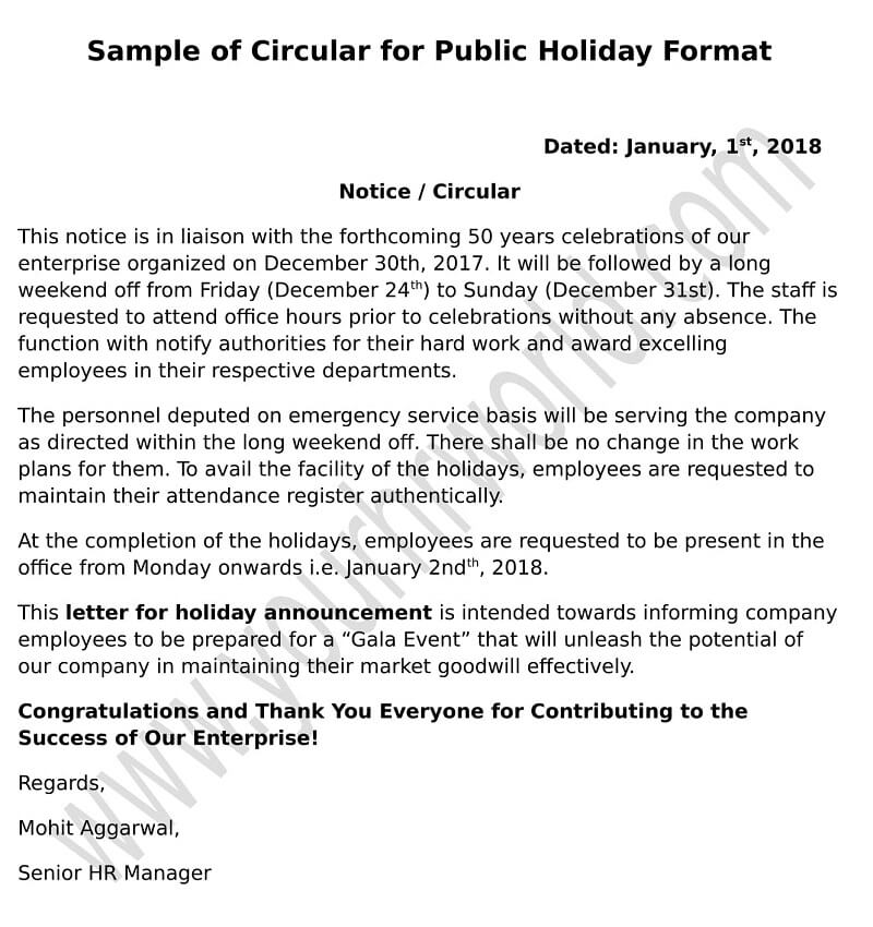  Public Holiday Announcement Mail Notice Memo Format To Staff