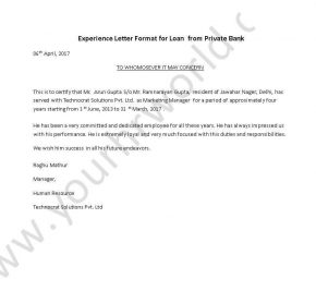 Experience Letter Format Loan from Private Bank