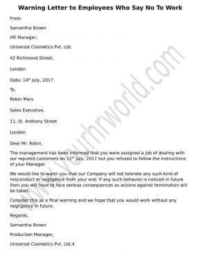 Format Warning letter to employee who refuse to work