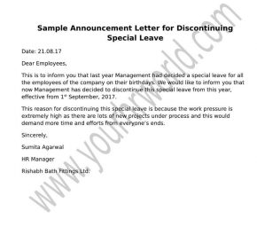 Announcement Letter Format for Discontinuing Special Leave