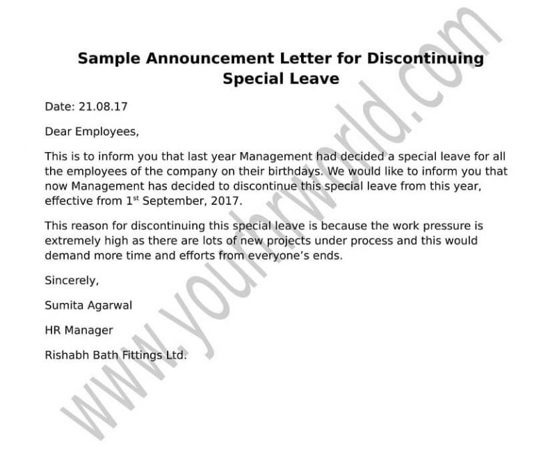 Announcement Letter Format for Discontinuing Special Leave HR Letter