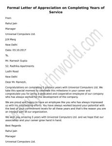 Formal Letter of Appreciation on Completing Years of Service - HR ...