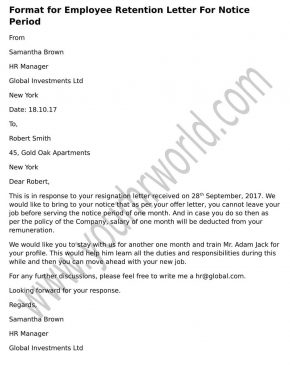 sample format Employee Retention Letter For Notice Period