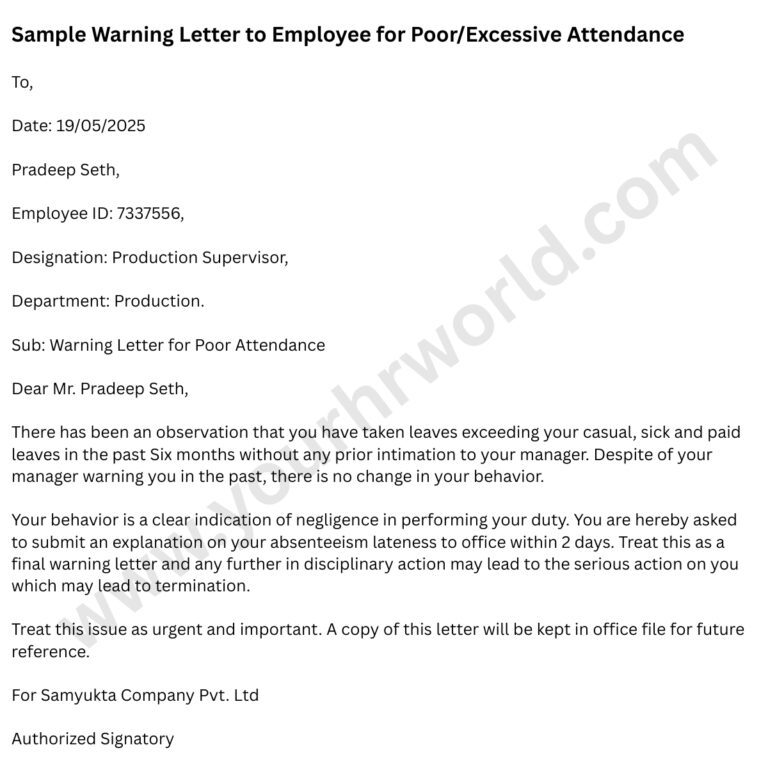 Writing a Warning Letter to Employee for Poor Attendance - HR Letter ...