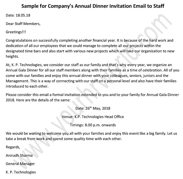 Annual Dinner Invitation Email to Staff | Dinner ...