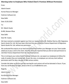 Warning Letter To Employee Who Visited Client’s Premises Without Permission