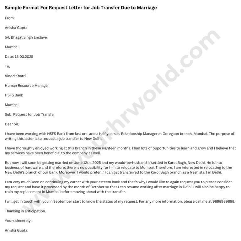 Sample Format for Transfer Letter Request From One Place to Another ...