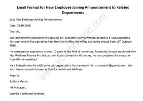 Email Format for New Employee Joining Announcement to Related Departments