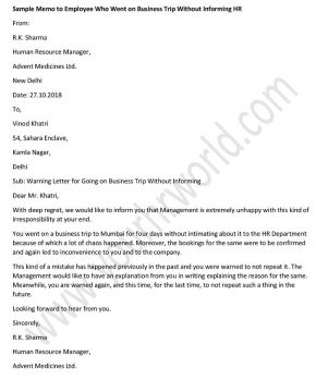 Sample Employee Memo Template - Business Trip Without Informing HR