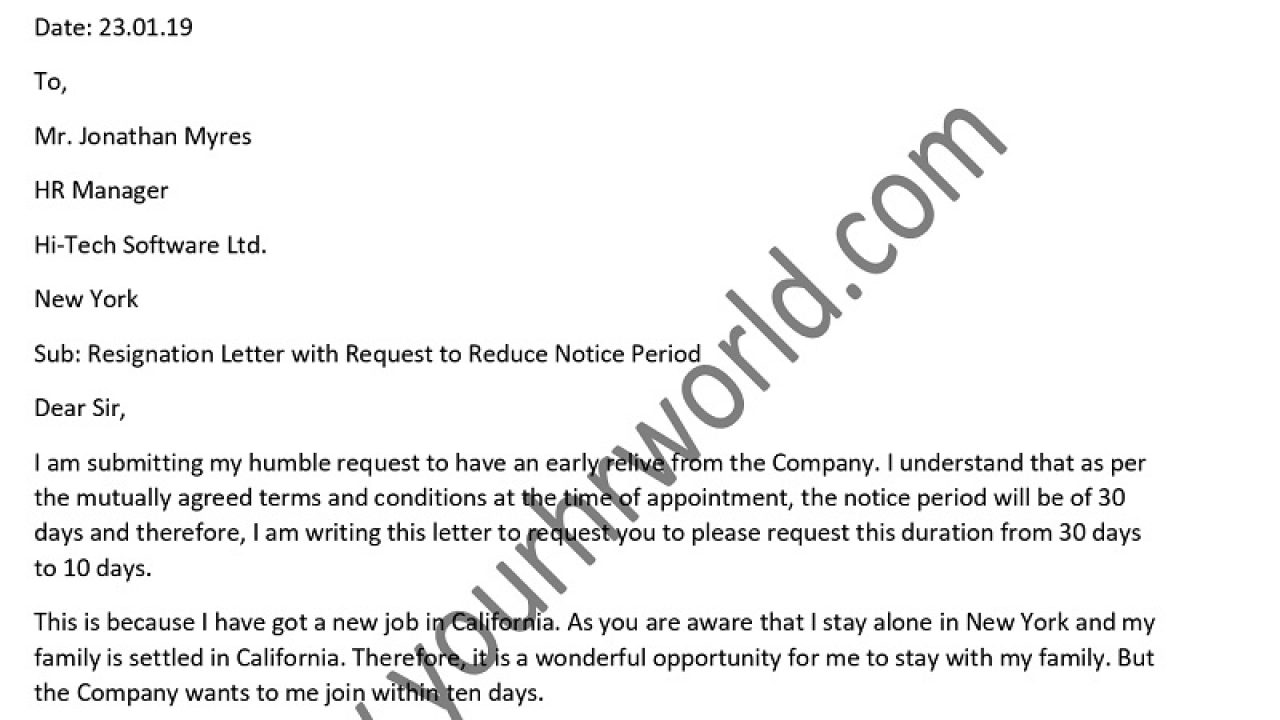 Sample Resignation Letter With Request To Reduce Notice Period Hr Letter Formats