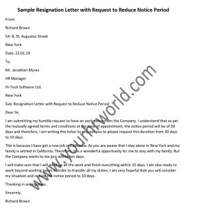 Sample Resignation Letter with Request to Reduce Notice Period