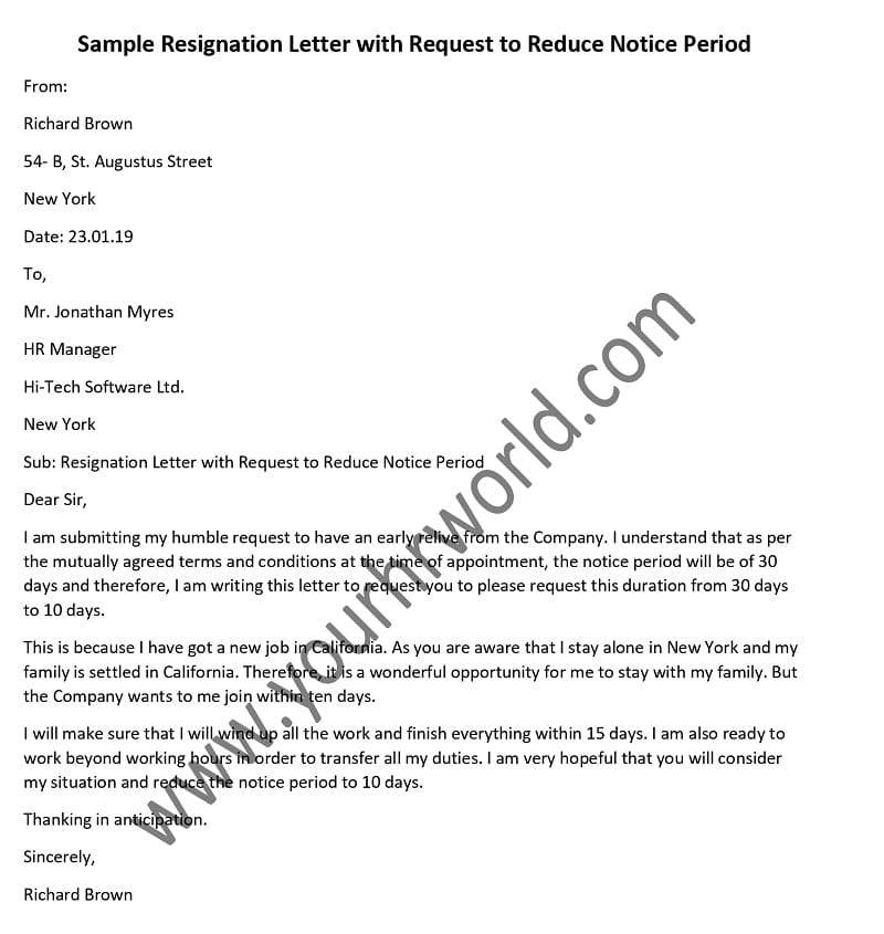 Sample Resignation Letter With Request To Reduce Notice Period Hr Letter Formats