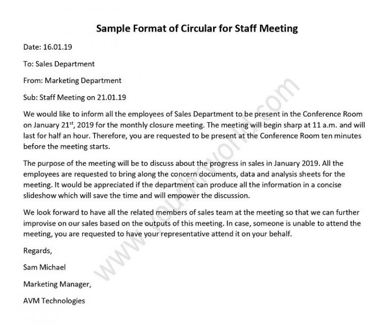 Sample of Circular for Staff Meeting HR Letter Formats
