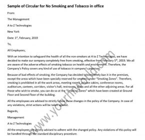 Sample of Circular for No Smoking in office - no smoking letter format