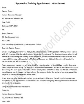 Apprentice Training Appointment Letter Format