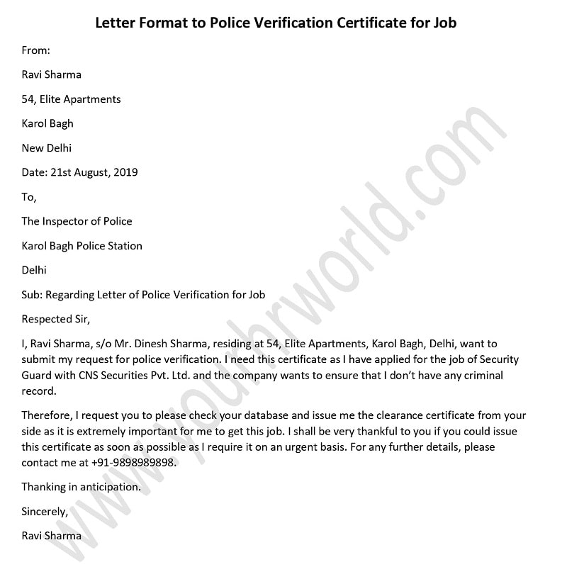 application letter format for police verification