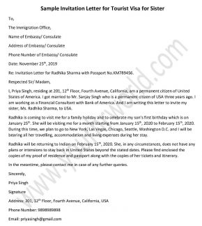 Invitation Letter for Tourist Visa for Sister