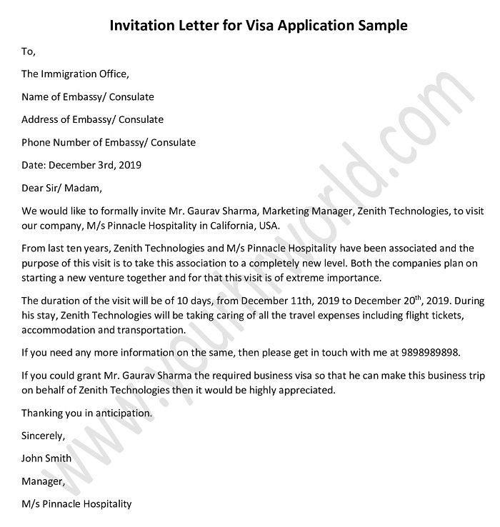 Invitation Letter For Visa Application Sample Template