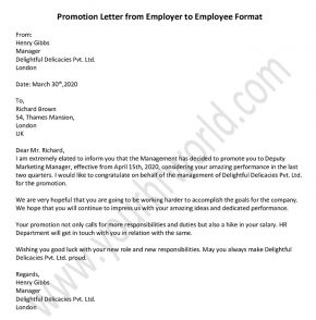 Promotion Letter from Employer to Employee - Sample Promotion Letter