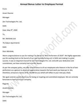 Annual Bonus Letter to Employee, Performance Bonus Letter Sample