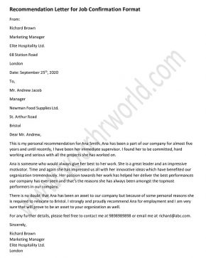 Sample Recommendation letter for job confirmation, Employee Recommendation letter