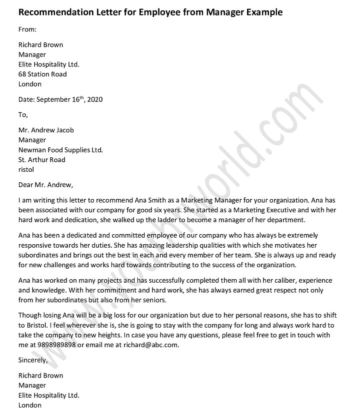 Recommendation Letter For Employee From Manager Word Doc